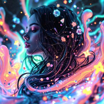 The primary subject of the image is a woman with long hair, who is the main focus of the scene. She is surrounded by a vibrant and colorful environment, which includes a background of stars and a patterned surface. The visual style of the image is digital art, as it appears to be a digital illustration or painting. The colors and mood of the image are lively and energetic, with a predominance of blue and pink hues.